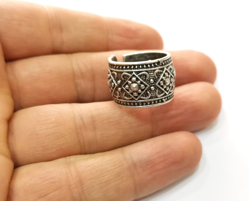 Flower Motif Ring Antique Silver Plated Brass Adjustable SR462