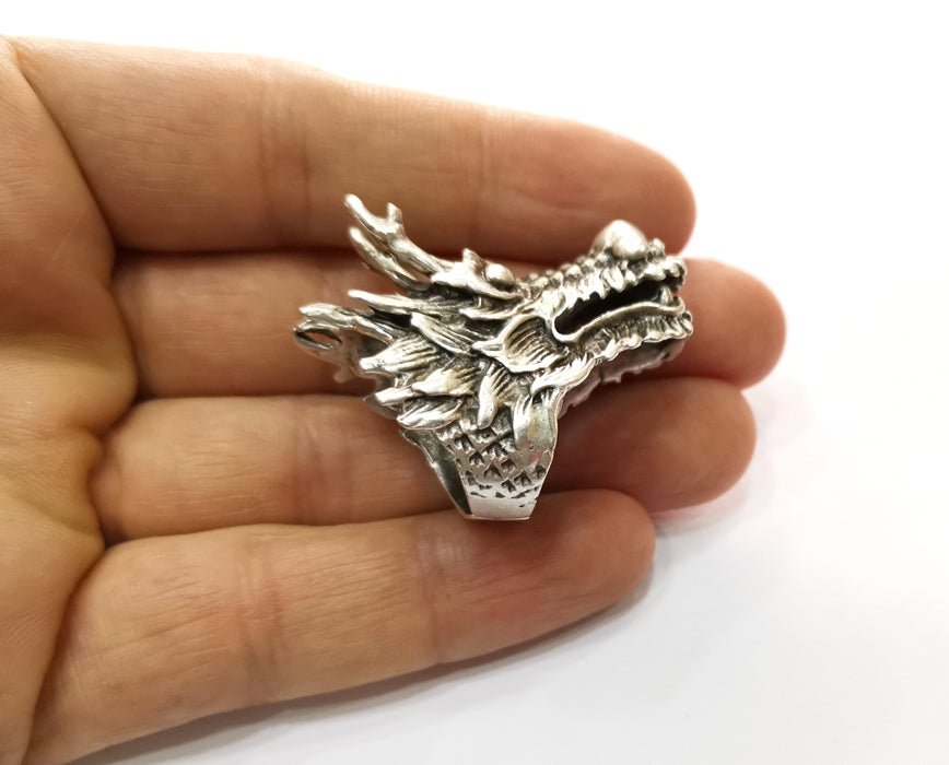 Dragon Head Ring Antique Silver Plated Brass Adjustable SR475