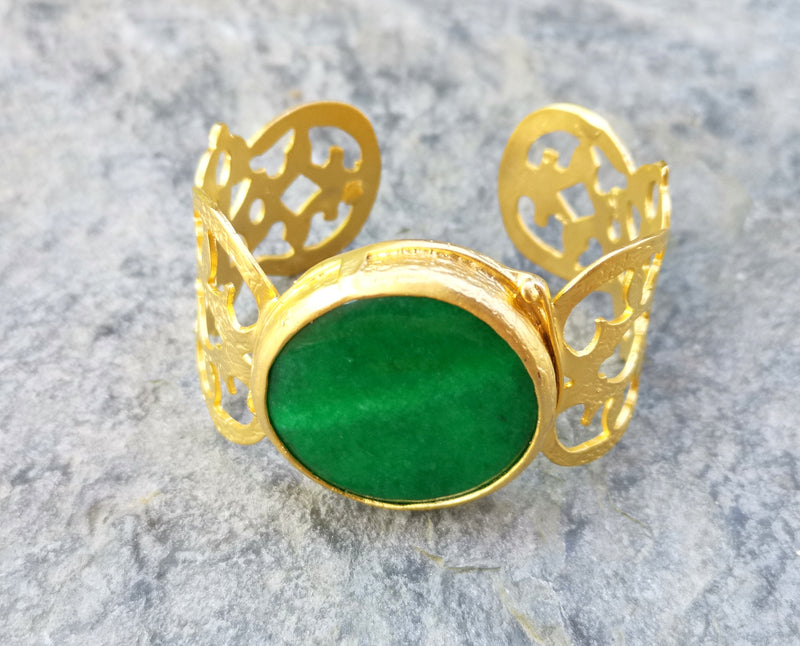 Bracelet with Green Stone Gold Plated Brass Adjustable SR494