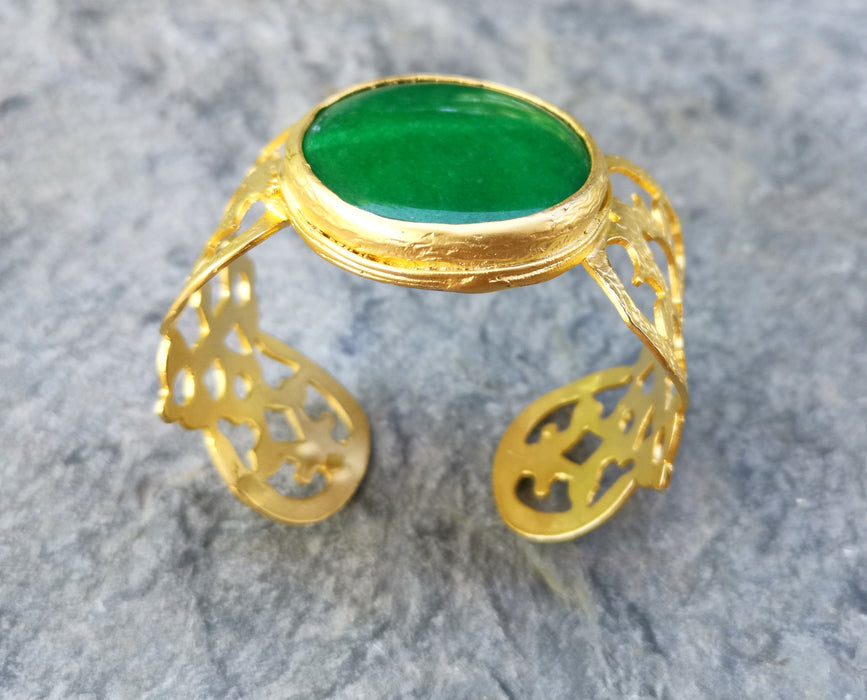 Bracelet with Green Stone Gold Plated Brass Adjustable SR494
