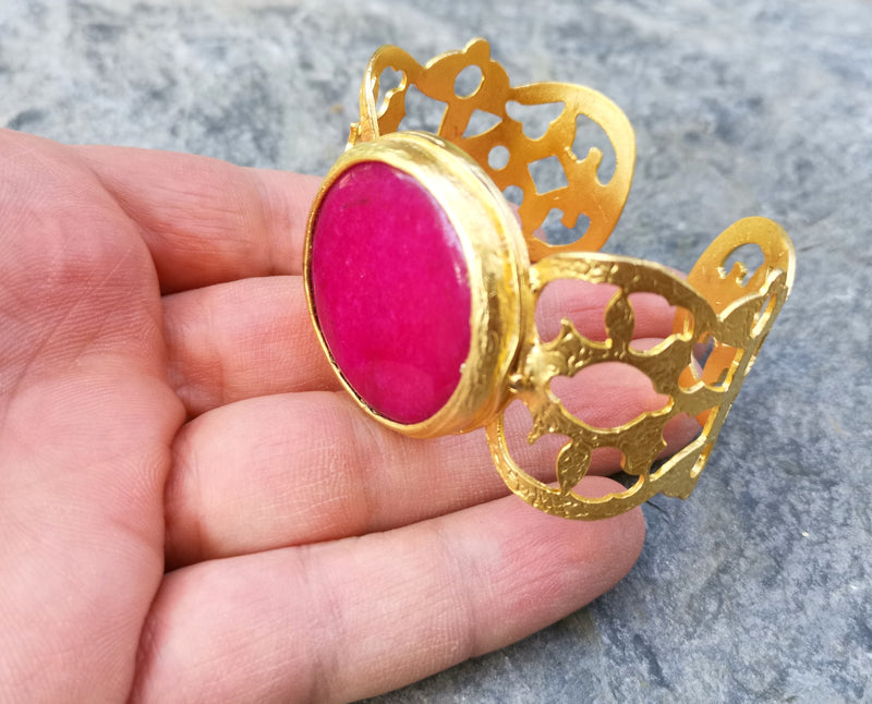 Bracelet with Fuchsia Stone Gold Plated Brass Adjustable SR493