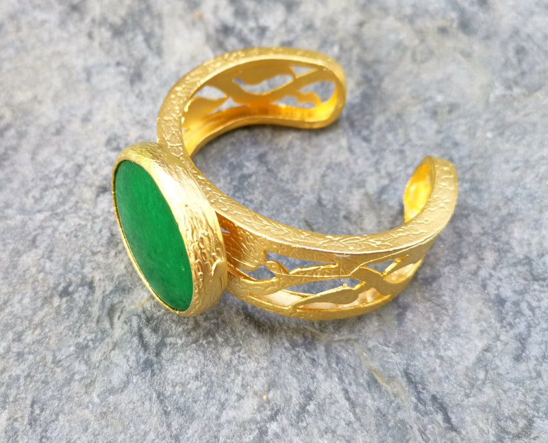 Bracelet with Green Stone Gold Plated Brass Adjustable SR520