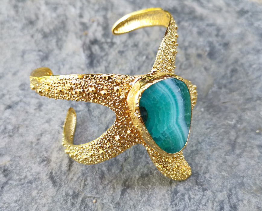 Starfish Bracelet with Turquoise Agate Gemstone Gold Plated Brass Adjustable SR562