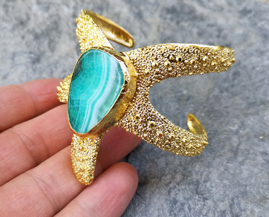 Starfish Bracelet with Turquoise Agate Gemstone Gold Plated Brass Adjustable SR562