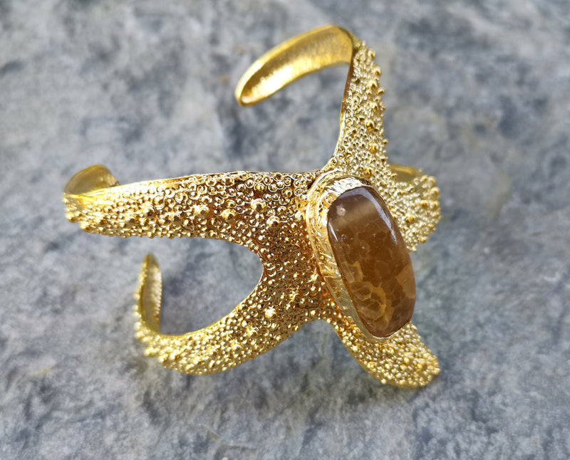 Starfish Bracelet with Golden Honey Agate Gemstone Gold Plated Brass Adjustable SR563