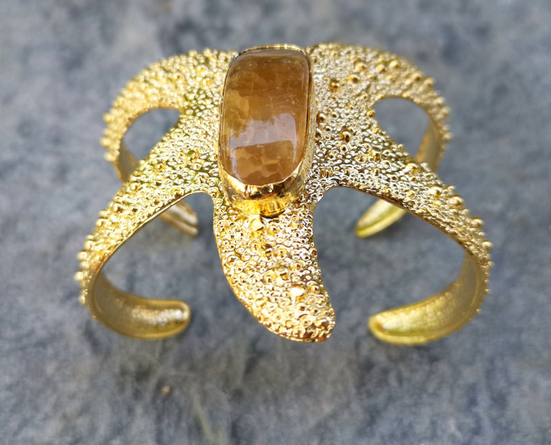 Starfish Bracelet with Golden Honey Agate Gemstone Gold Plated Brass Adjustable SR563