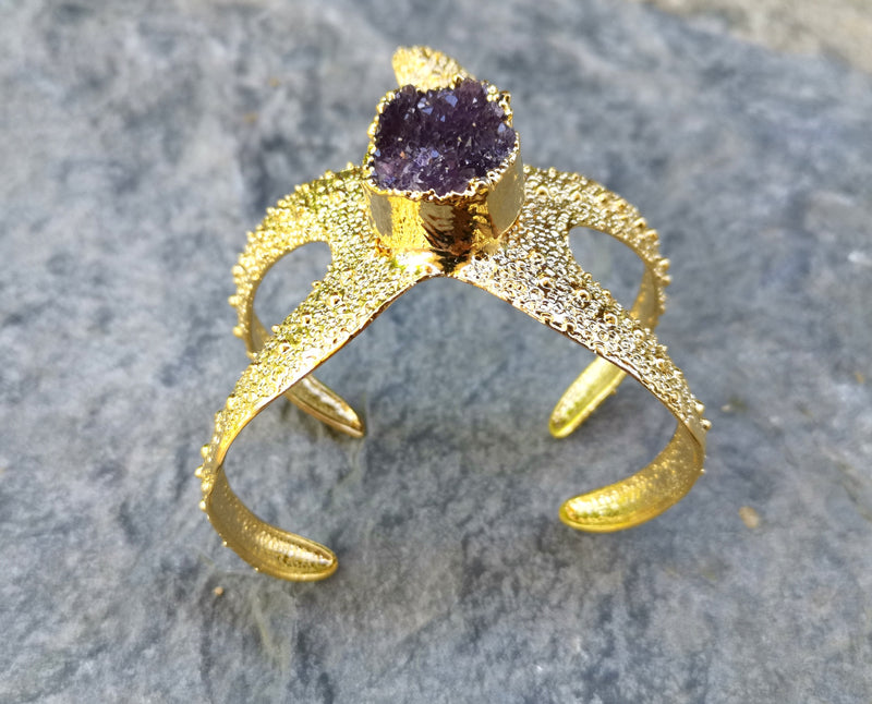 Starfish Bracelet with Purple Amethyst Gemstone Gold Plated Brass Adjustable SR564