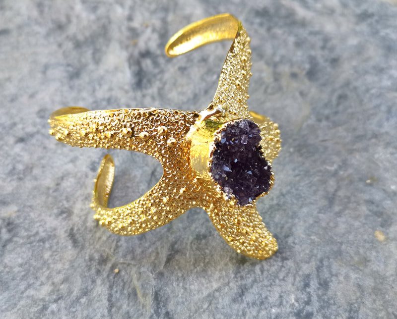 Starfish Bracelet with Purple Amethyst Gemstone Gold Plated Brass Adjustable SR564