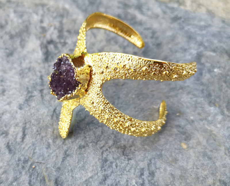 Starfish Bracelet with Purple Amethyst Gemstone Gold Plated Brass Adjustable SR564