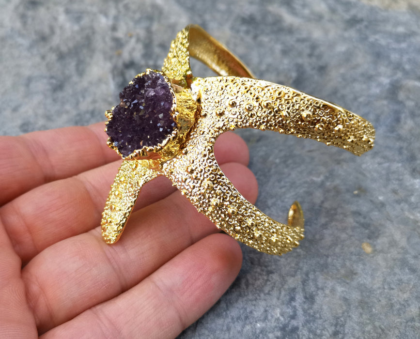 Starfish Bracelet with Purple Amethyst Gemstone Gold Plated Brass Adjustable SR564