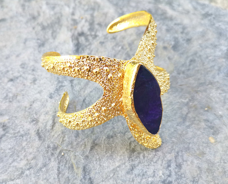 Starfish Bracelet with Dark Blue Agate Gemstone Gold Plated Brass Adjustable SR565