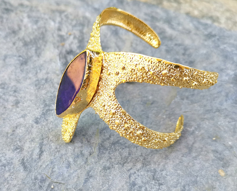 Starfish Bracelet with Dark Blue Agate Gemstone Gold Plated Brass Adjustable SR565