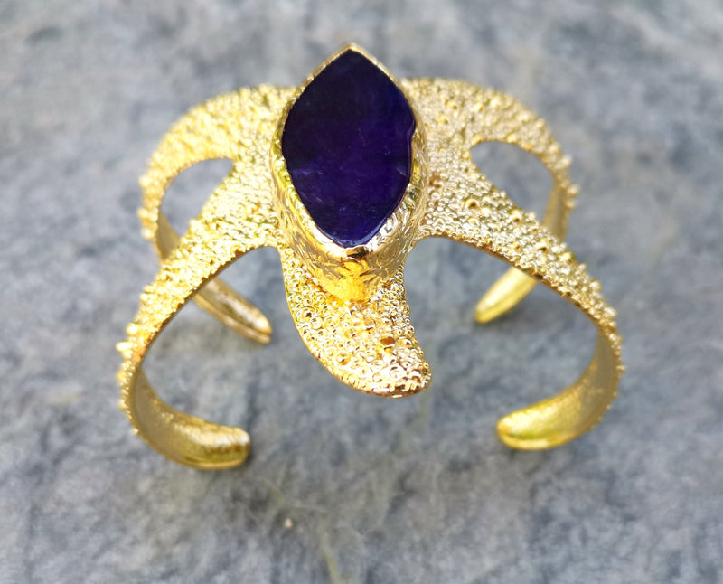 Starfish Bracelet with Dark Blue Agate Gemstone Gold Plated Brass Adjustable SR565