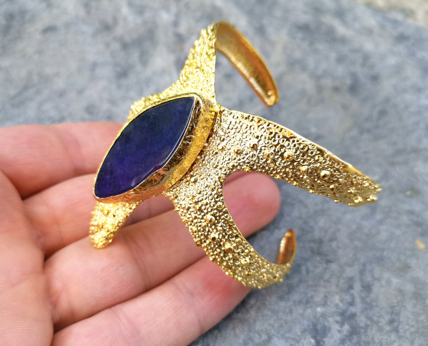 Starfish Bracelet with Dark Blue Agate Gemstone Gold Plated Brass Adjustable SR565