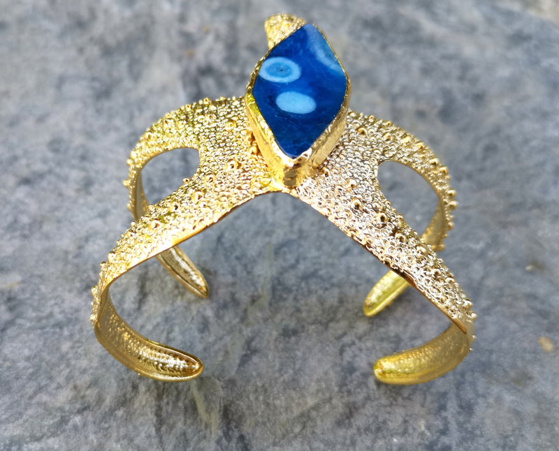 Starfish Bracelet with Blue Agate Gemstone Gold Plated Brass Adjustable SR566
