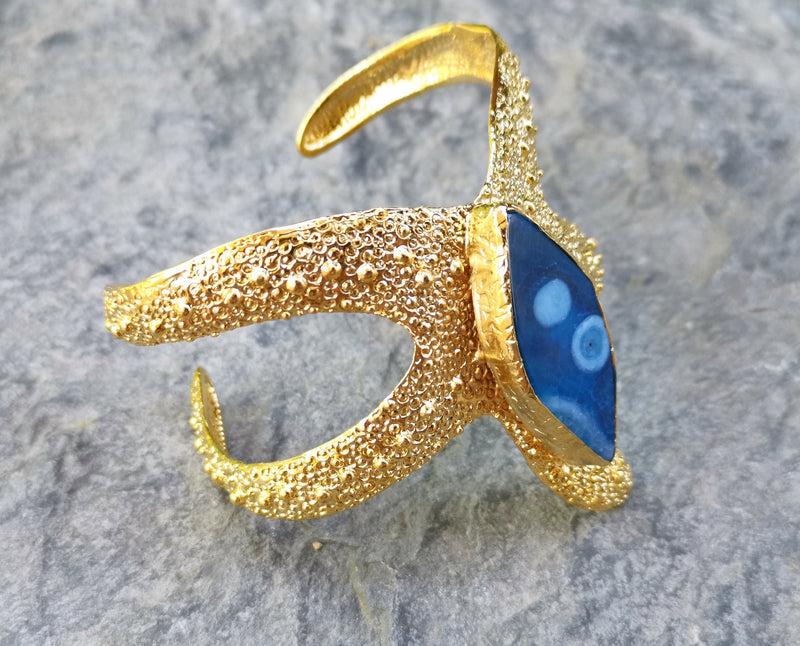 Starfish Bracelet with Blue Agate Gemstone Gold Plated Brass Adjustable SR566