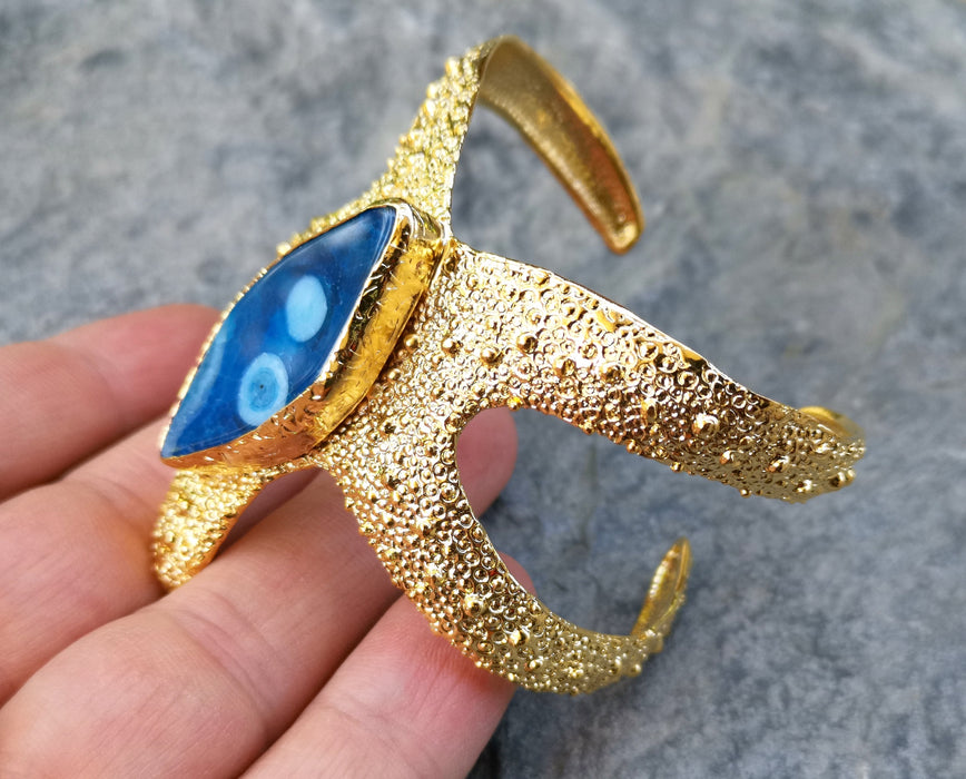 Starfish Bracelet with Blue Agate Gemstone Gold Plated Brass Adjustable SR566