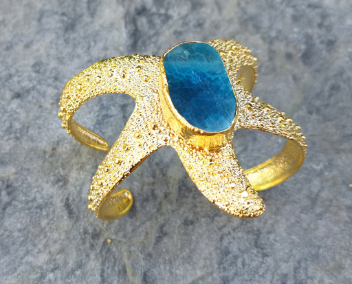 Starfish Bracelet with Blue Agate Gemstone Gold Plated Brass Adjustable SR567