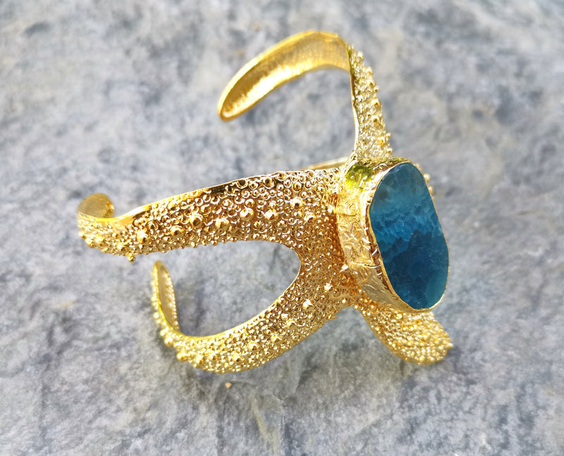 Starfish Bracelet with Blue Agate Gemstone Gold Plated Brass Adjustable SR567
