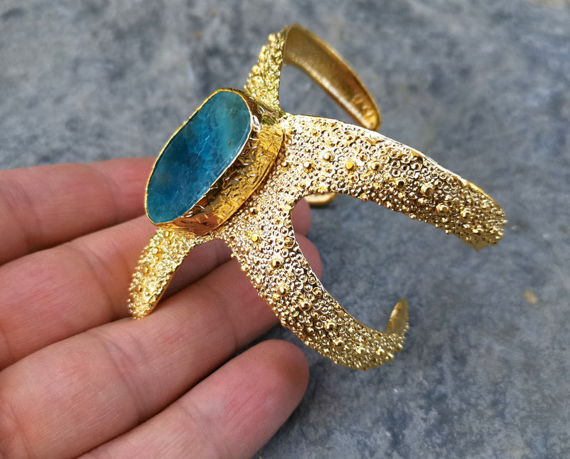 Starfish Bracelet with Blue Agate Gemstone Gold Plated Brass Adjustable SR567
