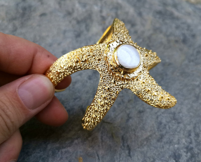 Starfish Bracelet with Real Pearl Gold Plated Brass Adjustable SR569