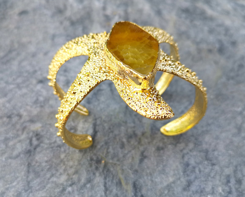 Starfish Bracelet with Golden Honey Agate Gemstone Gold Plated Brass Adjustable SR570
