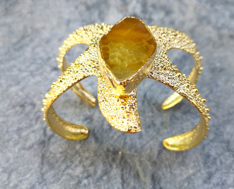 Starfish Bracelet with Golden Honey Agate Gemstone Gold Plated Brass Adjustable SR570
