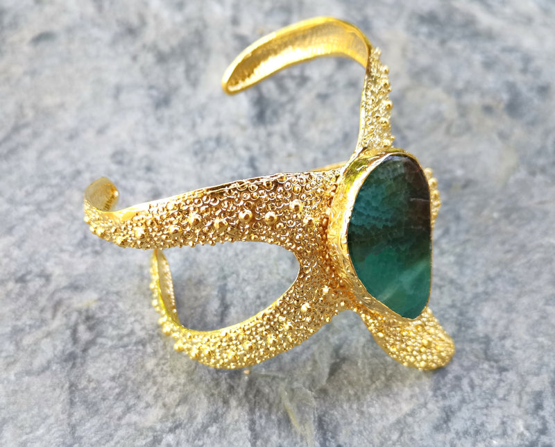 Starfish Bracelet with Green Agate Gemstone Gold Plated Brass Adjustable SR571
