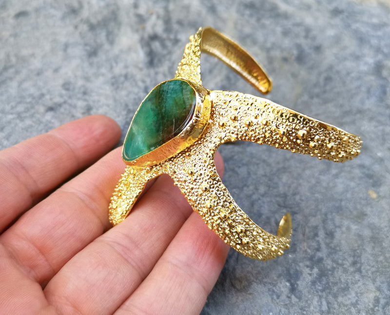 Starfish Bracelet with Green Agate Gemstone Gold Plated Brass Adjustable SR571