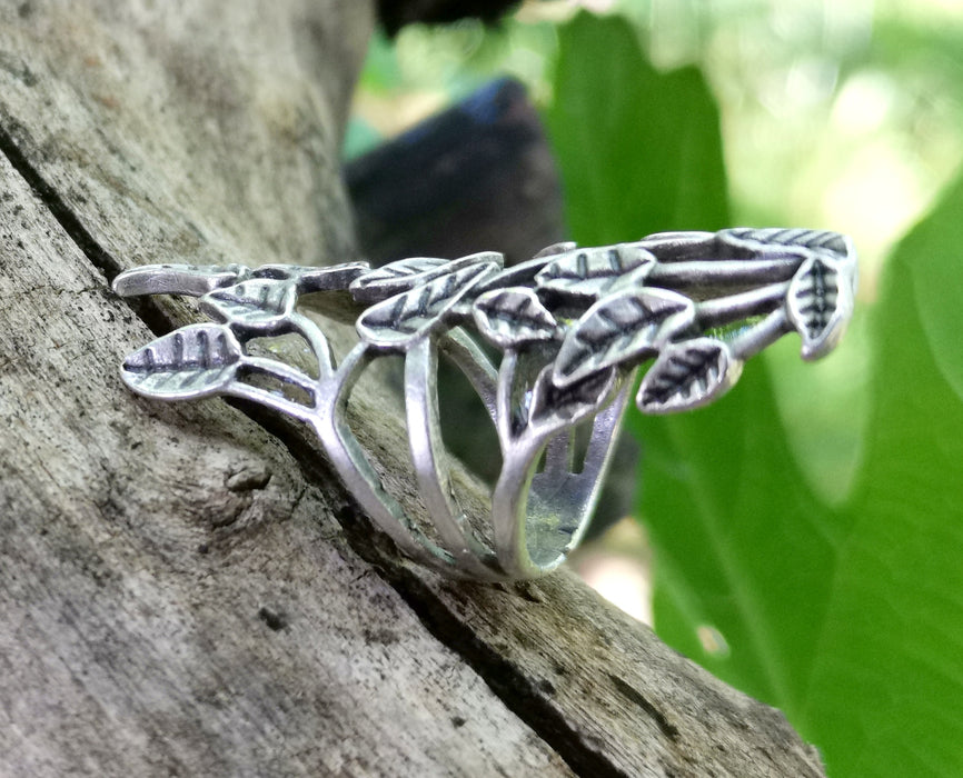 Leaves Ring Antique Silver Plated Brass Adjustable SR393