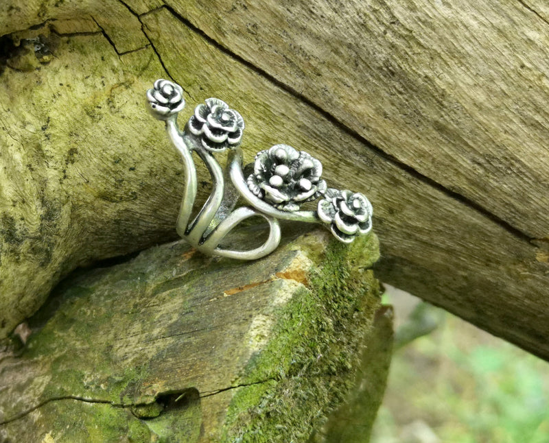 Flowers Ring Antique Silver Plated Brass Adjustable SR591