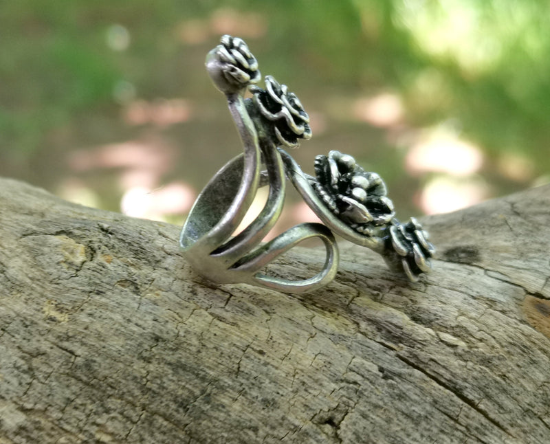 Flowers Ring Antique Silver Plated Brass Adjustable SR591