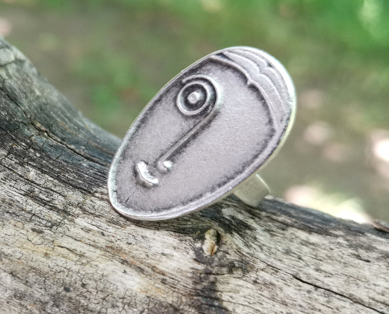 Face Ring Antique Silver Plated Metal Adjustable SR611