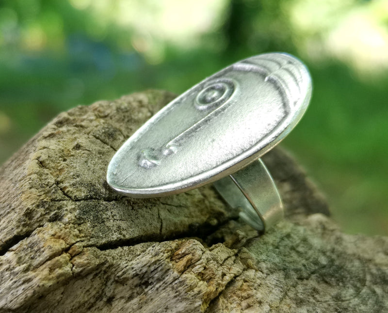 Face Ring Antique Silver Plated Metal Adjustable SR611