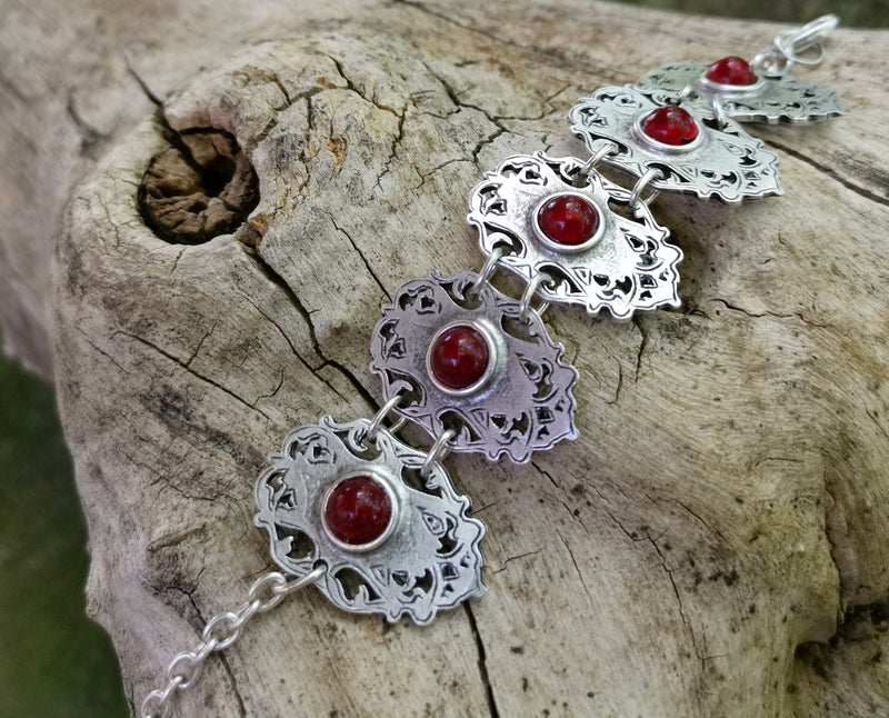 Bracelet With Red Beads Antique Silver Plated Metal Adjustable SR623