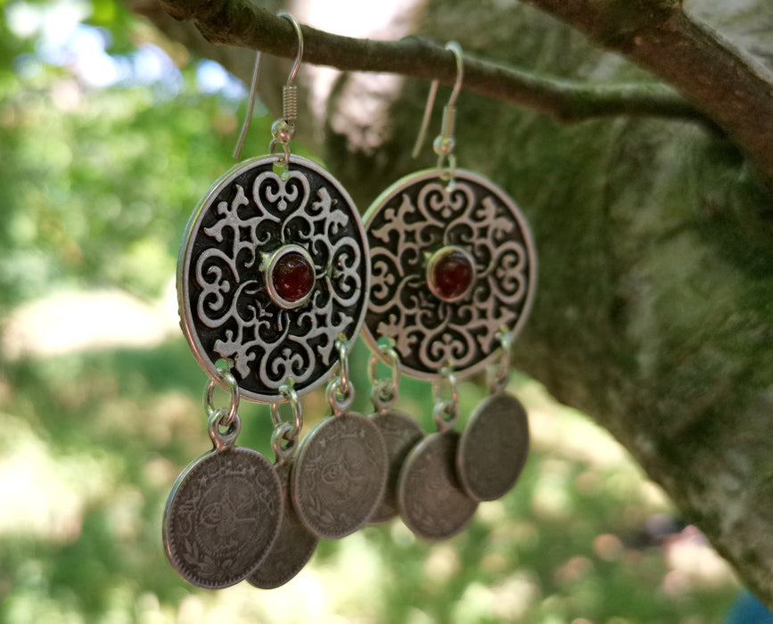 Earrings with Red Beads Antique Silver Plated Metal SR640
