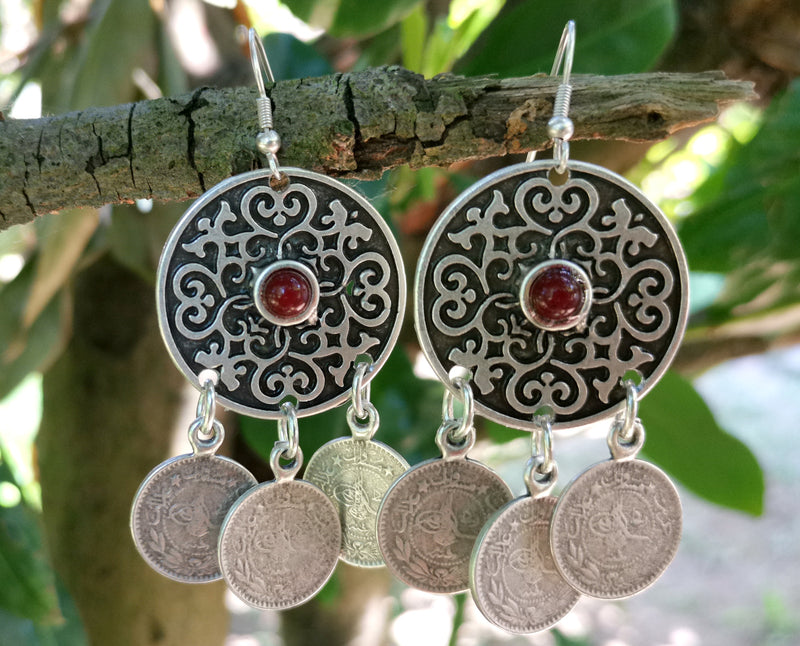 Earrings with Red Beads Antique Silver Plated Metal SR640