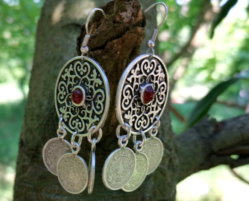 Earrings with Red Beads Antique Silver Plated Metal SR640