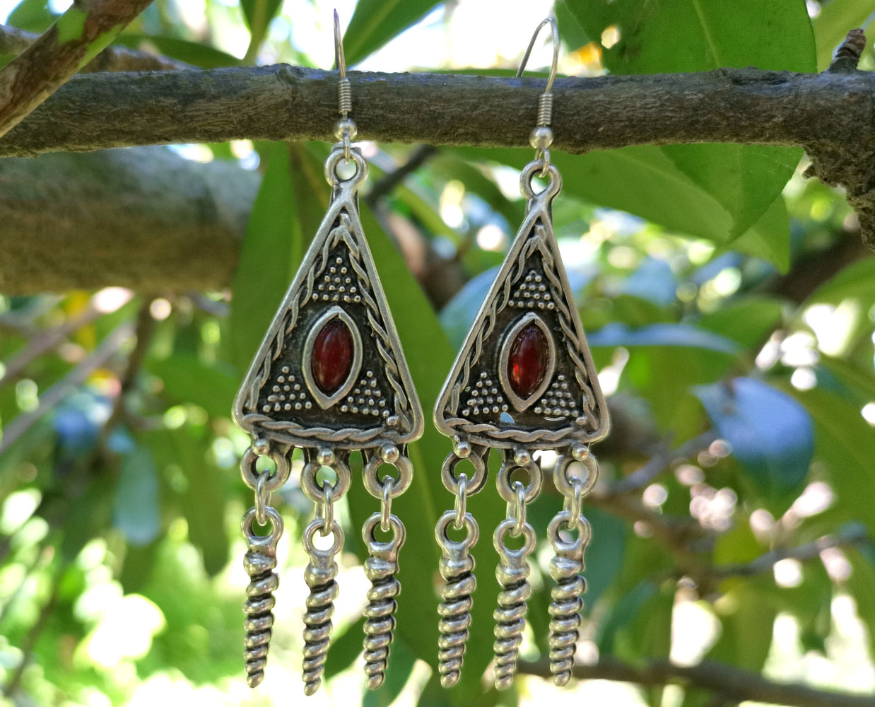 Earrings with Red Beads Antique Silver Plated Metal SR641
