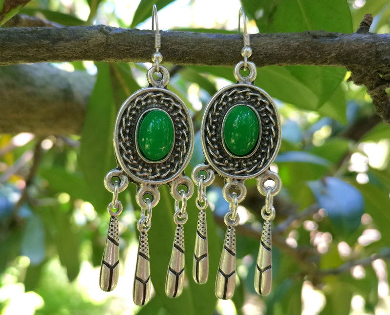Earrings with Green Beads Antique Silver Plated Metal SR642