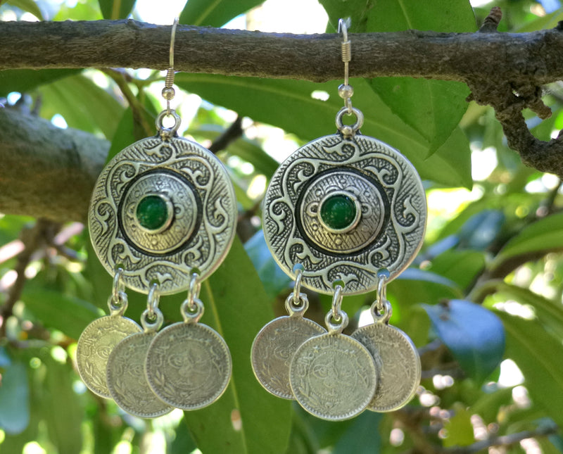 Earrings with Green Beads Antique Silver Plated Metal SR643