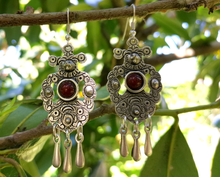 Earrings with Red Beads Antique Silver Plated Metal SR644