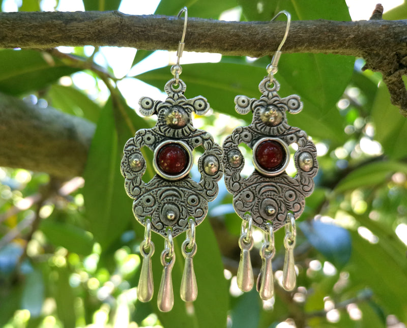 Earrings with Red Beads Antique Silver Plated Metal SR644