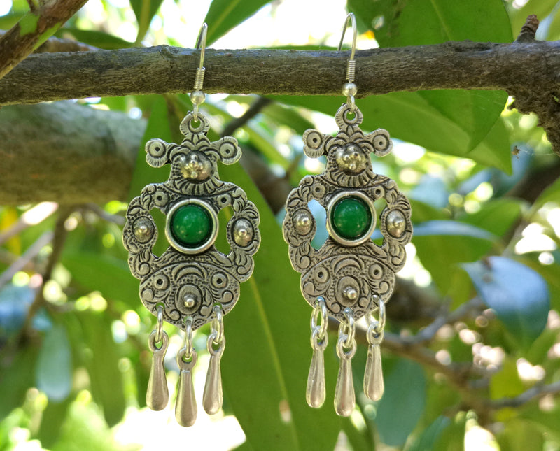 Earrings with Green Beads Antique Silver Plated Metal SR645