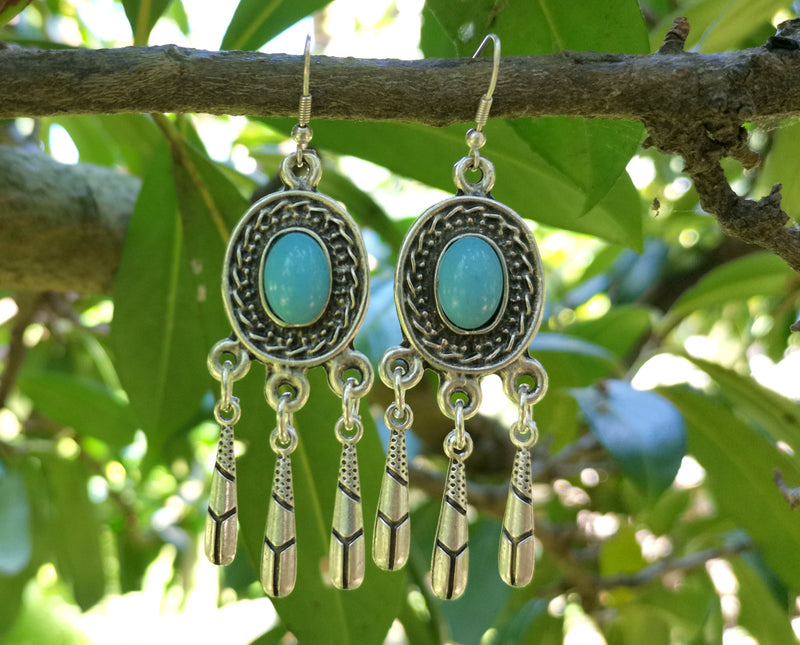 Earrings with Blue Beads Antique Silver Plated Metal SR646