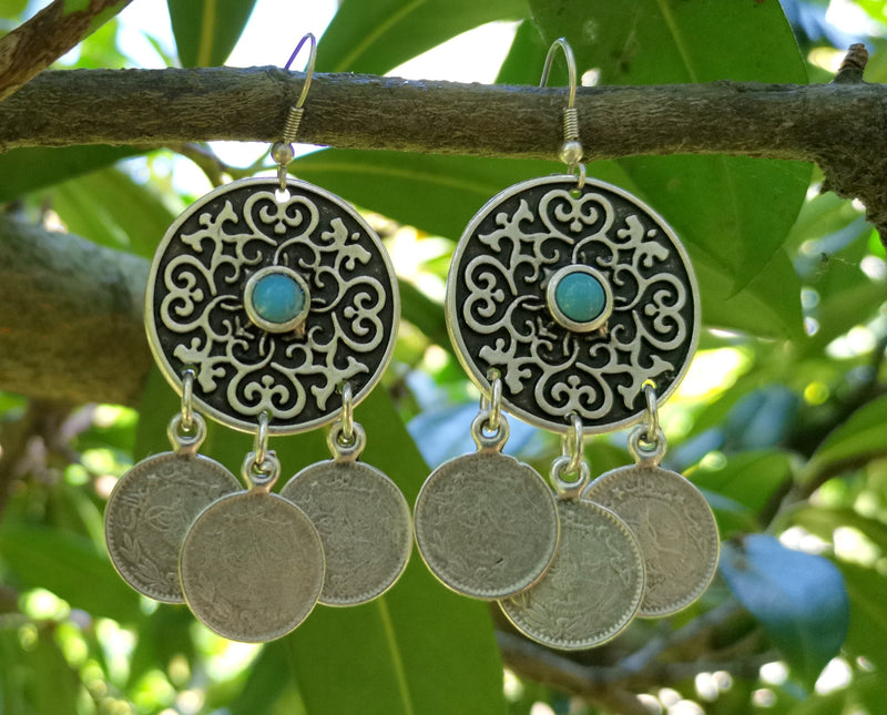 Earrings with Blue Beads Antique Silver Plated Metal SR647