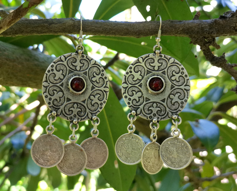 Earrings with Red Beads Antique Silver Plated Metal SR648