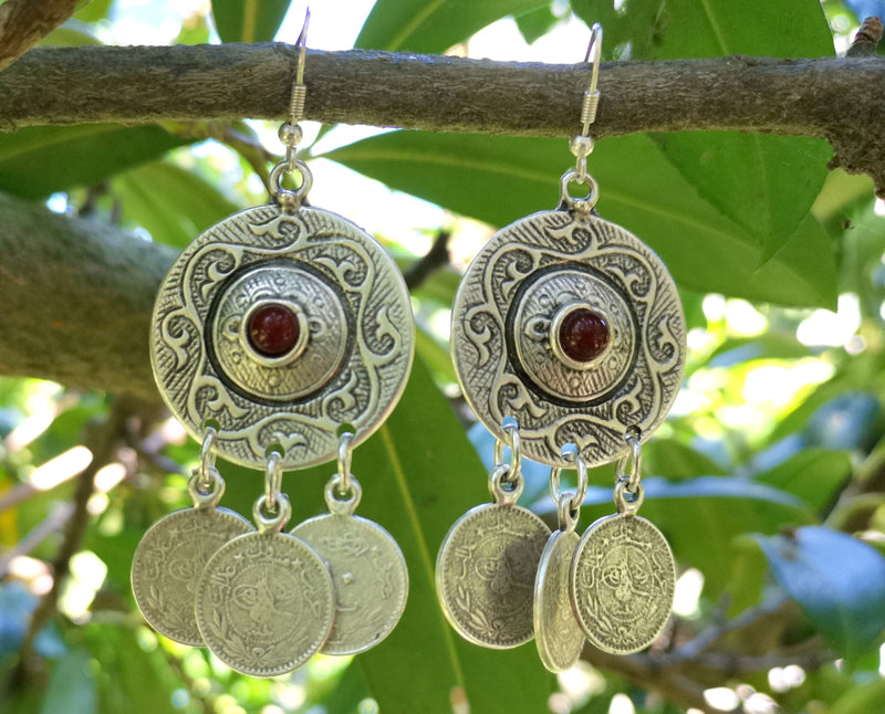 Earrings with Red Beads Antique Silver Plated Metal SR649