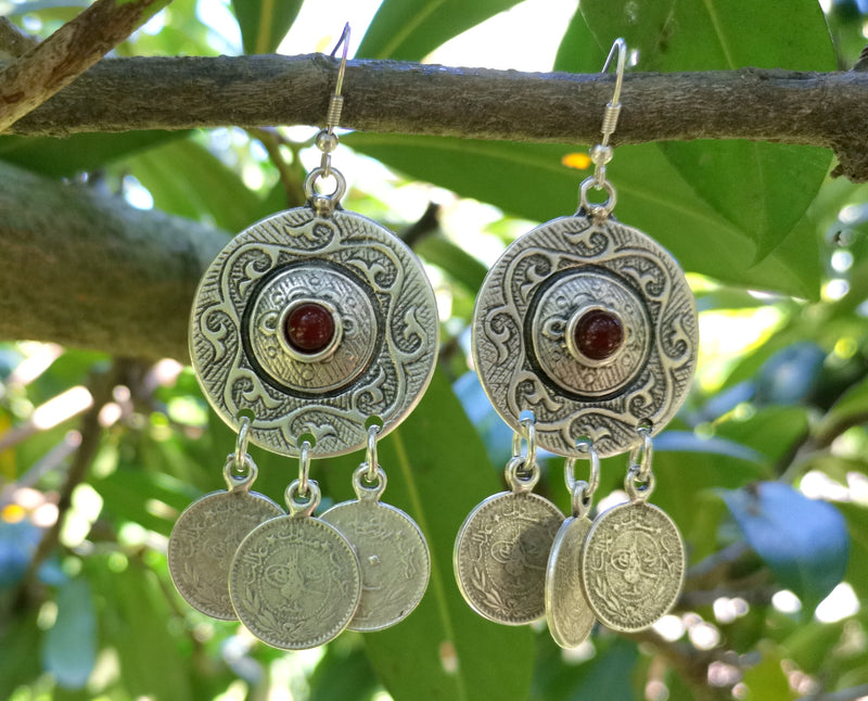 Earrings with Red Beads Antique Silver Plated Metal SR649