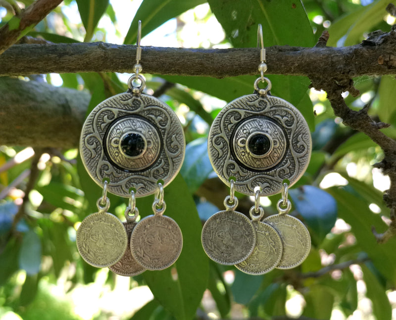 Earrings with Black Beads Antique Silver Plated Metal SR651